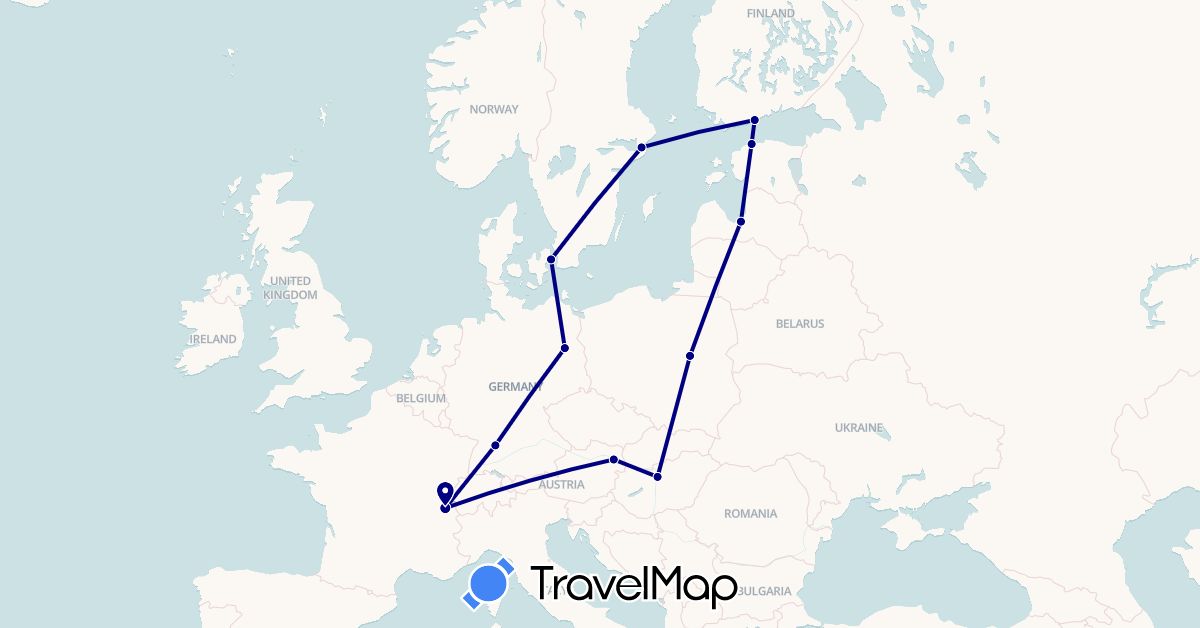 TravelMap itinerary: driving in Austria, Switzerland, Germany, Denmark, Estonia, Finland, Hungary, Latvia, Poland, Sweden (Europe)